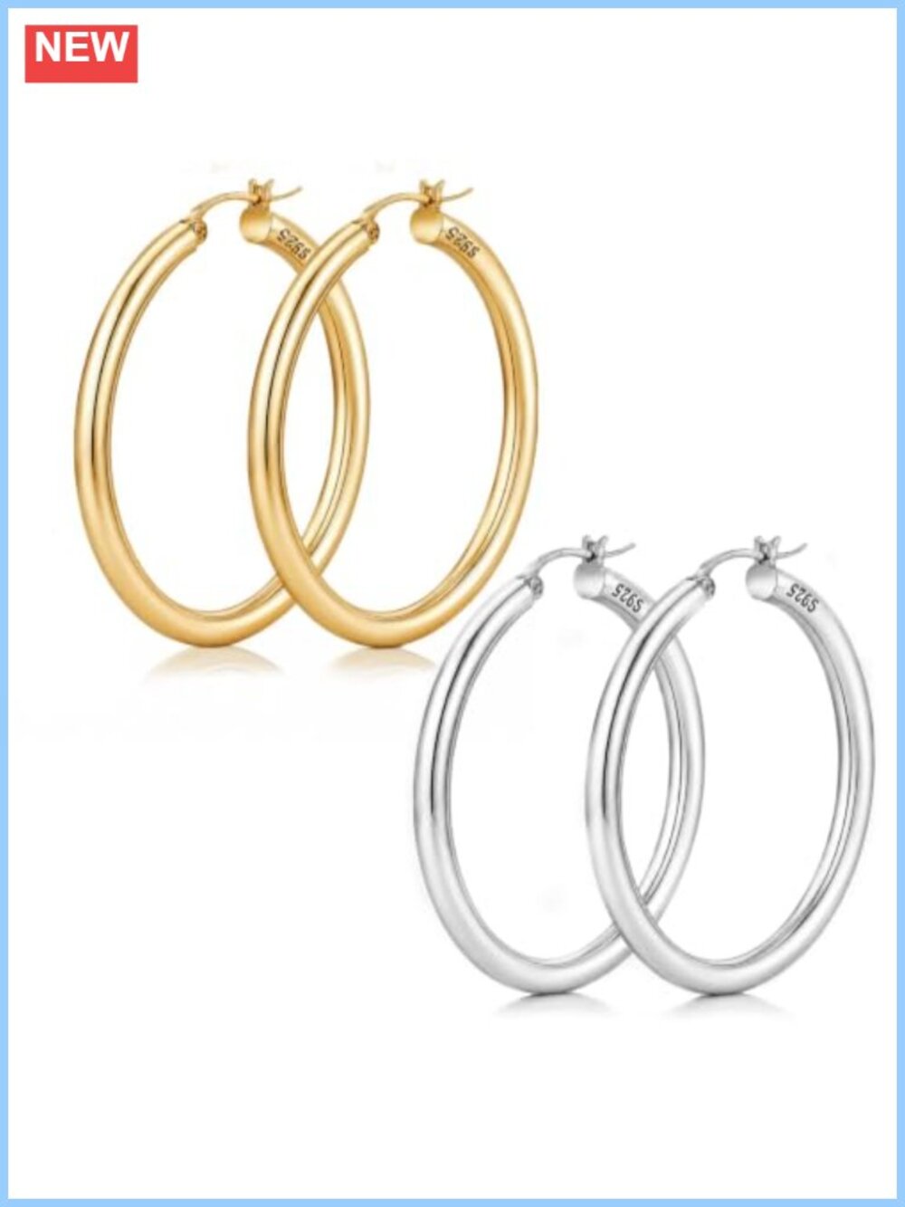 2 Pairs 925 Sterling Silver Post Hoop Earrings for Women, Gold Plated, 40mm